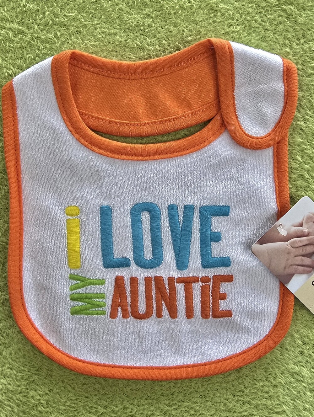 NWT NEWBORN +Up Baby Girls BIB- I LOVE MY AUNTIE Orange Aqua Green + Yellow (Q1)
